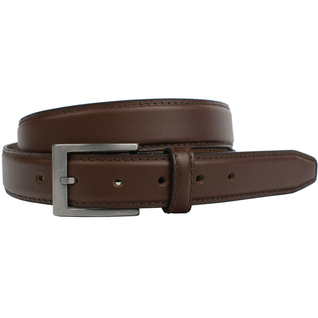 Silver Square Titanium Brown Belt. Squared off titanium buckle, brown strap with raised center
