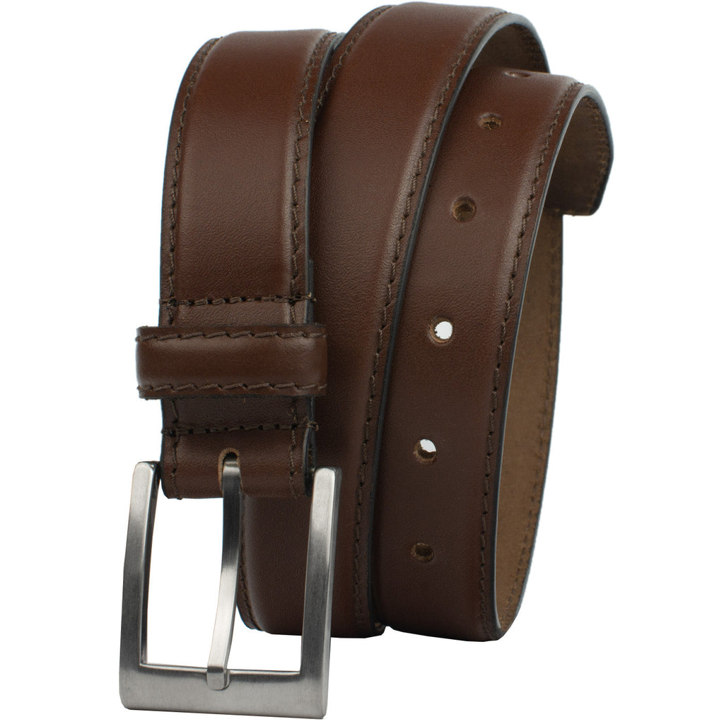Silver Square Titanium Brown Belt by Nickel Smart. Full grain leather belt with titanium buckle