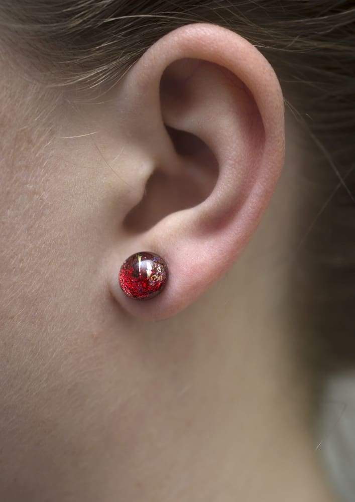 Red dichroic glass earrings with silver posts. Nickel Free. Interstellar Earrings 
