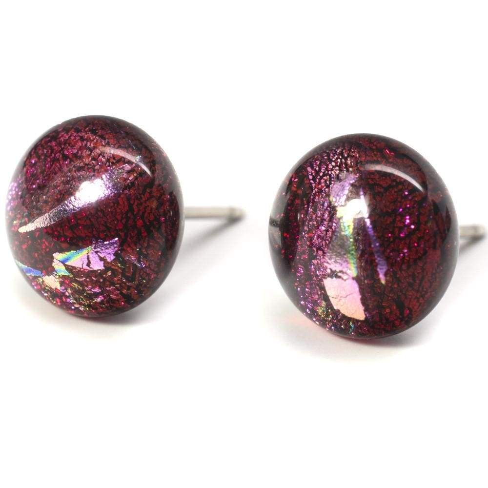 Cranberry red dichroic glass earrings with touches of pink. Interstellar Earrings 