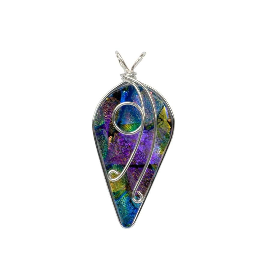 Dichroic glass pendant made with a kaleidoscope of colors - blue, pink, yellow, purple, teal.