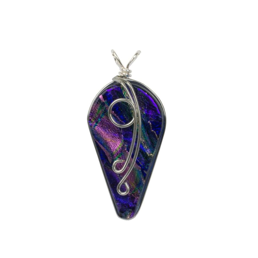 Dichroic glass pendant. purple, lilac and pink. Silver wrap on front which turns into loop for chain
