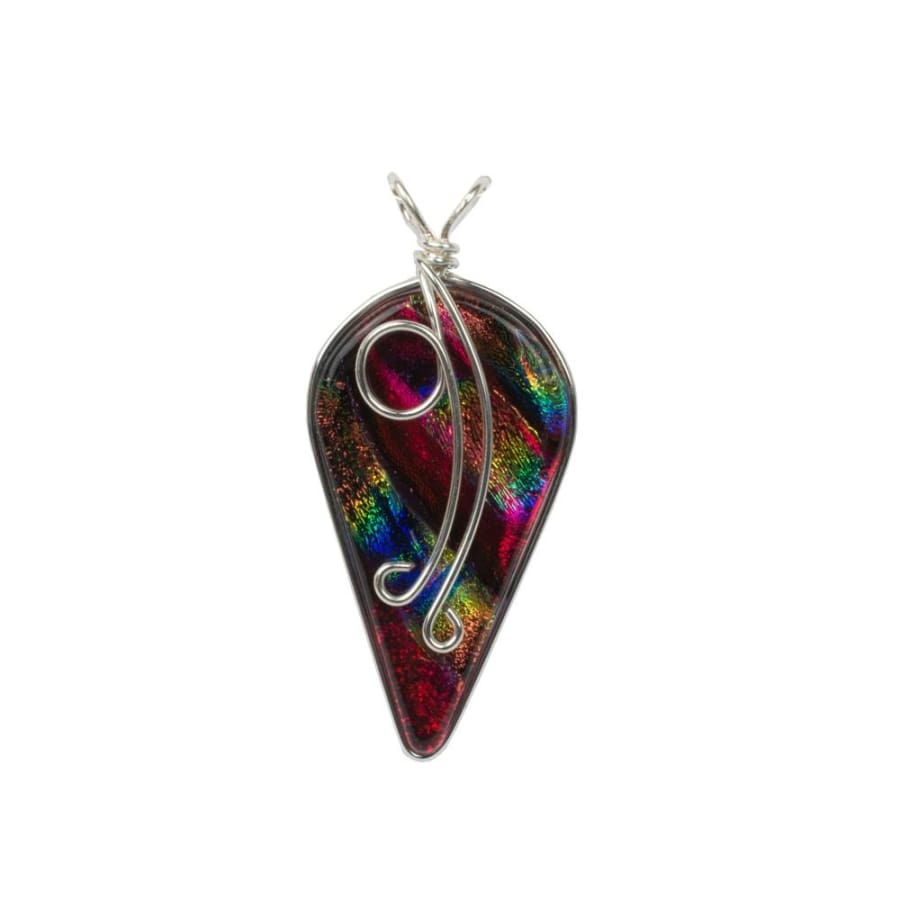 Red Dichroic glass pendant with mix of blues, pinks and yellows. 1.5 inches long