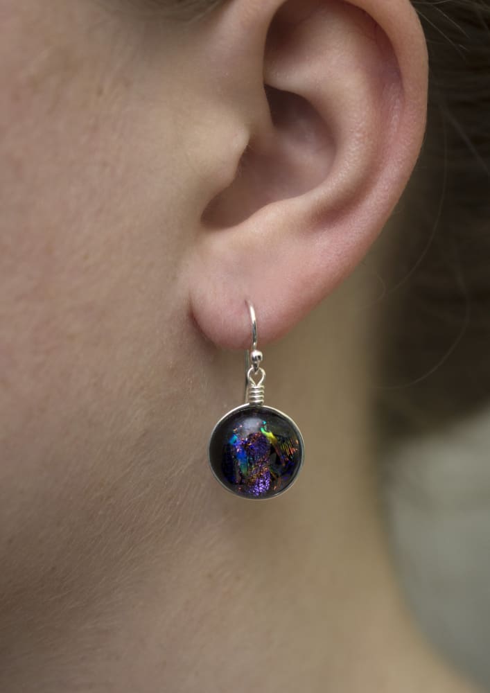 Round glass dots with purple rainbow colors. Silver French hooks. Jupiter Earrings
