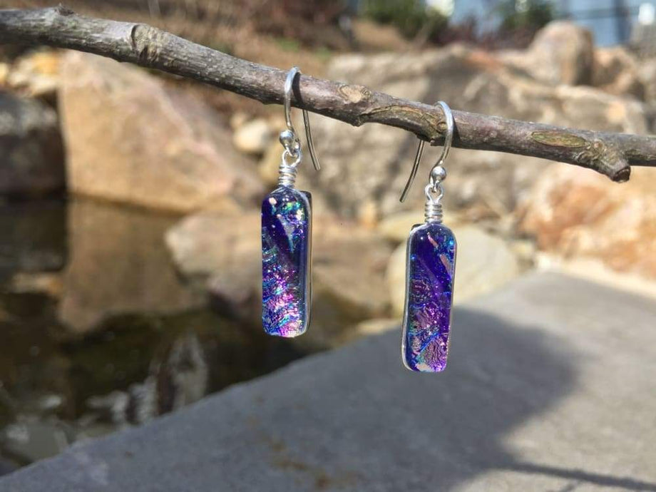 Sterling Blue Purple Dichroic outlet Glass Drop Earrings