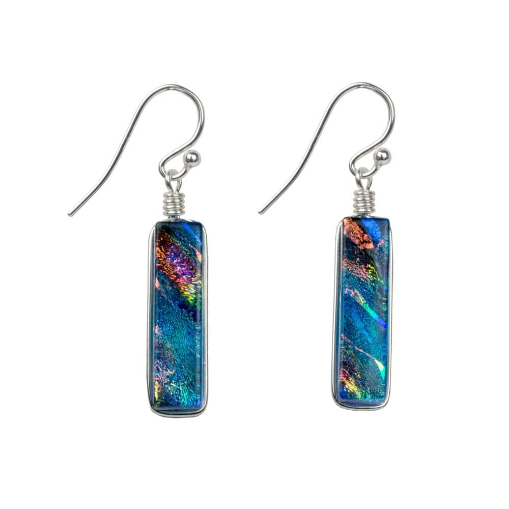 Rainbow Blue Dichroic Glass earrings with silver French hoop | Looking Glass Falls Earrings - 1 inch