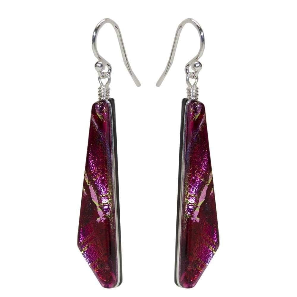 Silver French hooks with cranberry red glass in scalene triangle shape. Nickel Free.  USA 