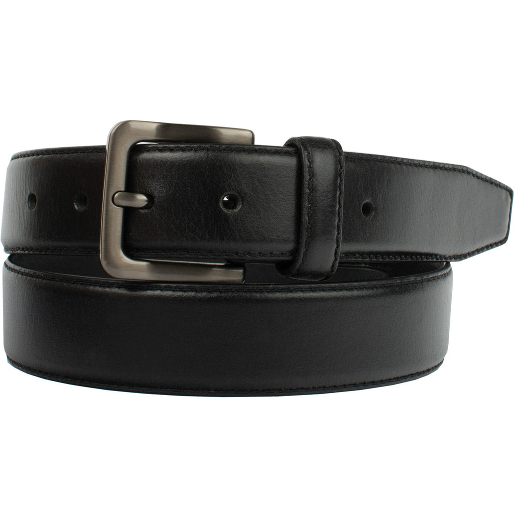 Metro Black Leather Belt. Natural-tone nickel-free square buckle with rounded edges.