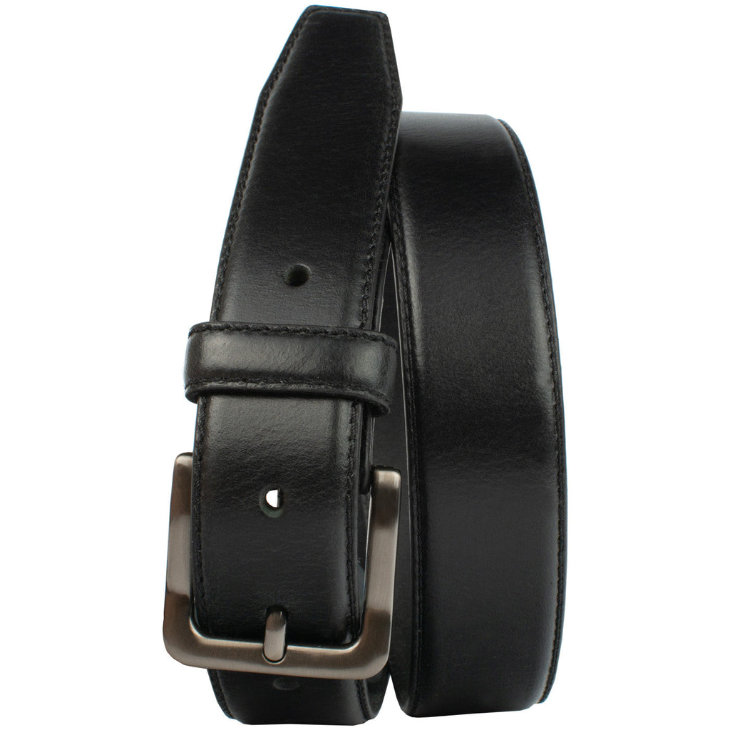 Metro Black Leather Belt. Dress belt with tapered end, single-stitch edging for professional style