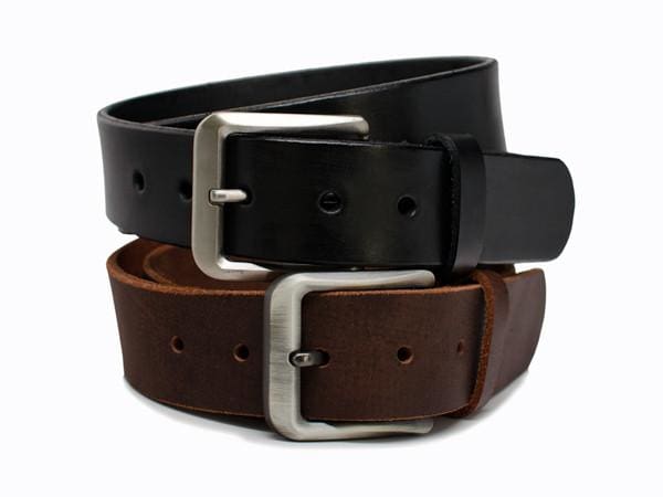 Mike's Favorite Belt Set. One casual brown belt with raw edges; one black strap belt 1.5 inches wide