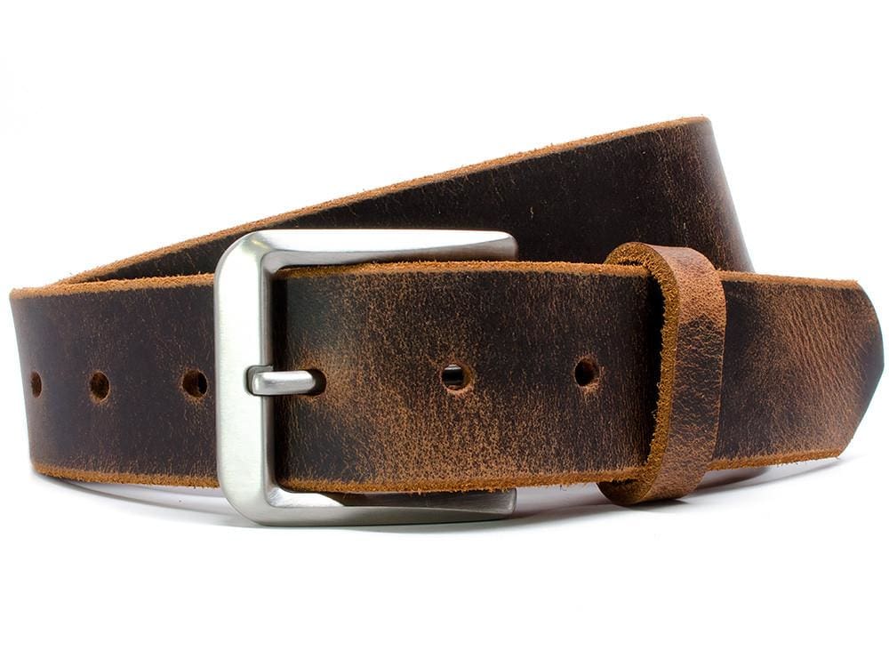 Mt. Pisgah Titanium Distressed Leather Belt. Brushed satin titanium buckle, distressed brown strap, 