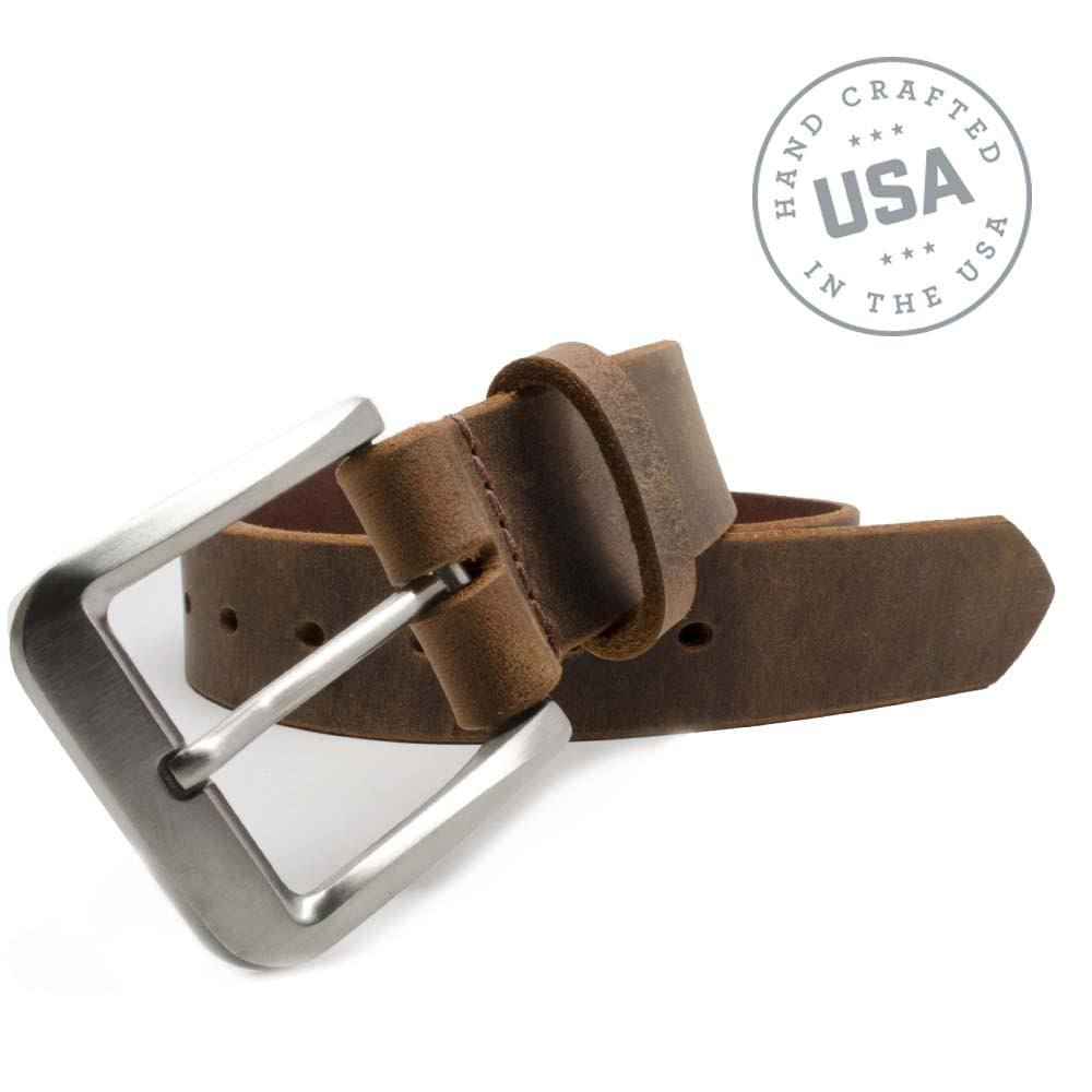 Mt. Pisgah Titanium Distressed Leather Belt. Handcrafted in the USA. Casual buckle stitched to strap