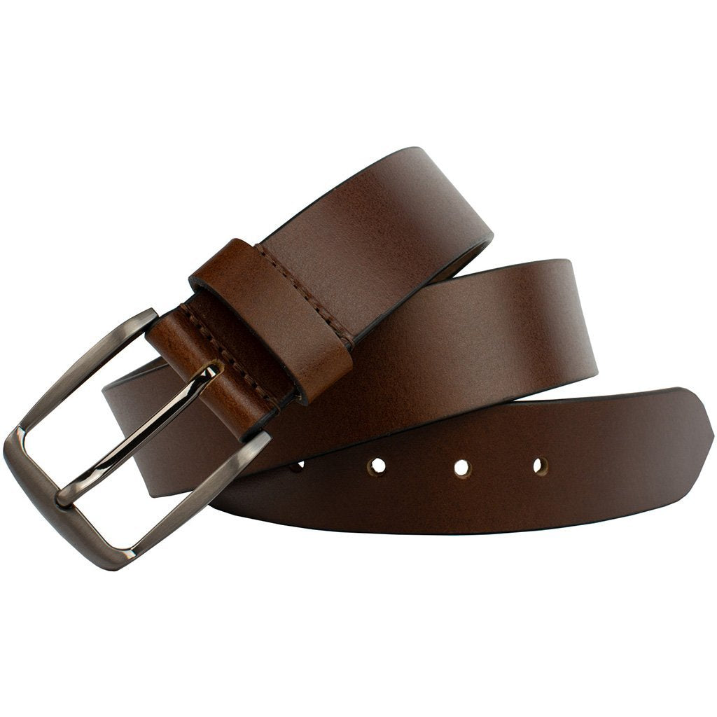 Millennial Brown Leather Belt. Subtly curved polished zinc alloy buckle, stitched directly to strap