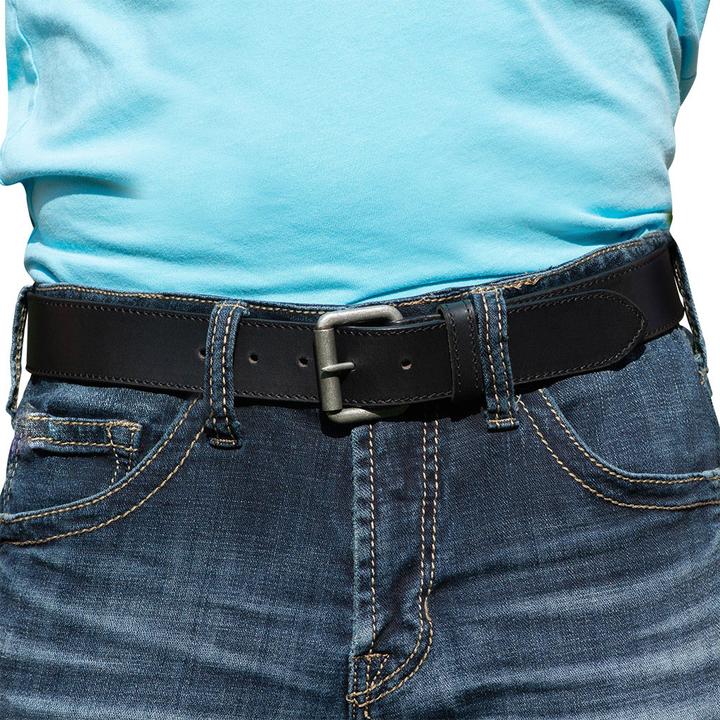 Outback Black Leather Belt by Nickel Zero on a model. Great casual belt with jeans. 1.5 inch