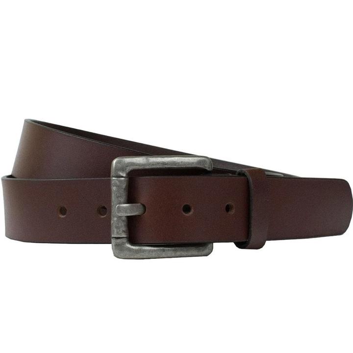 Pathfinder Brown Leather Belt. Latched zinc alloy buckle, hammered appearance and antique finish