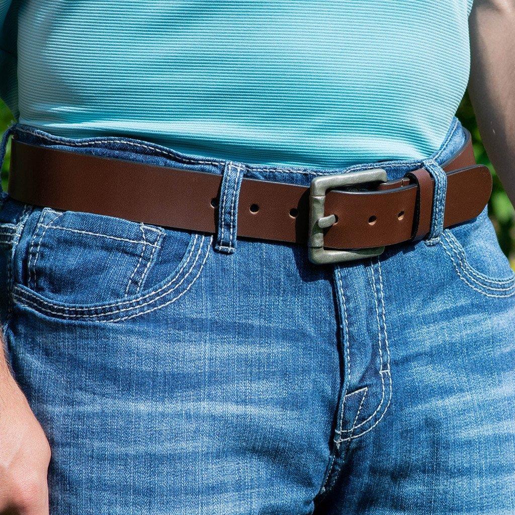 Pathfinder Brown Leather Belt on a model. Great casual belt for wear with jeans. Oversize buckle