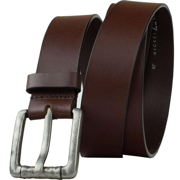 Pathfinder Brown Leather Belt by Nickel Zero. Deep brown leather strap, black edges, antiqued buckle