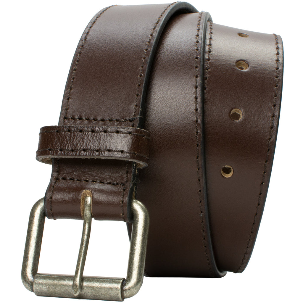Outback Brown Leather Belt. Rectangular roller buckle, silver toned, single pin and roller feature