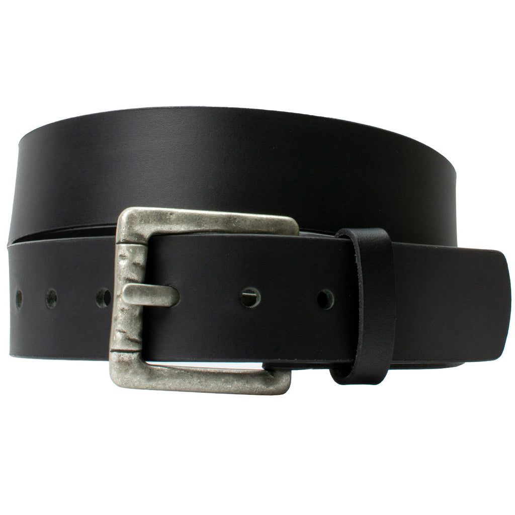 Pathfinder Black Leather Belt. Smooth black full grain leather strap, buckle has hammered appearance