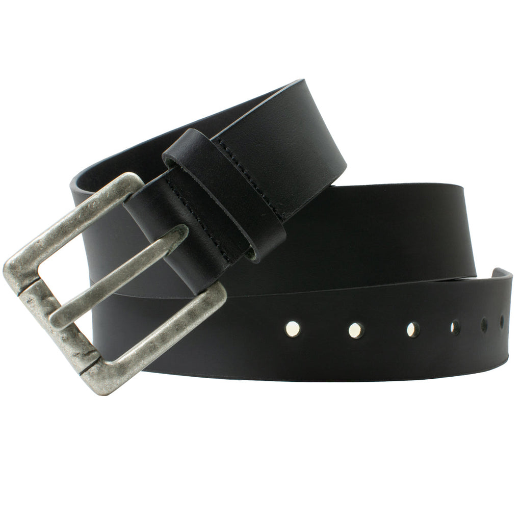 Pathfinder Black Leather Belt. Rustic-looking silver buckle, oversized square with round corners