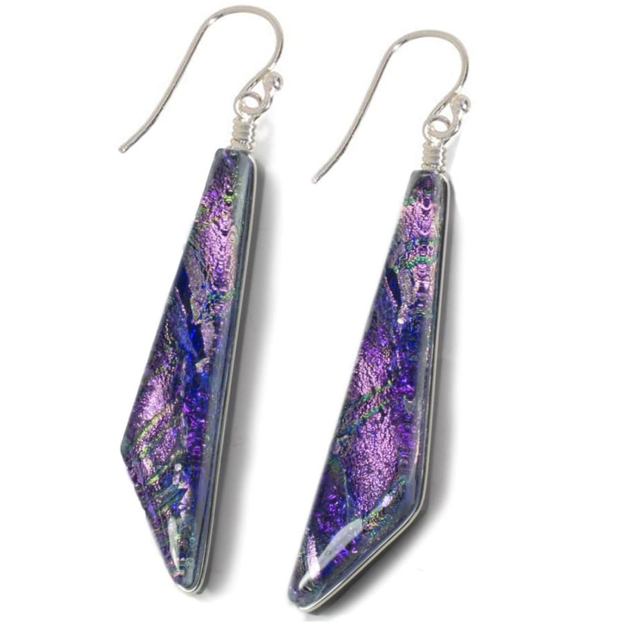 Purple with pink and silver streaks. 1.75 inch drop earrings. Queens Falls Earrings by Nickel Smart