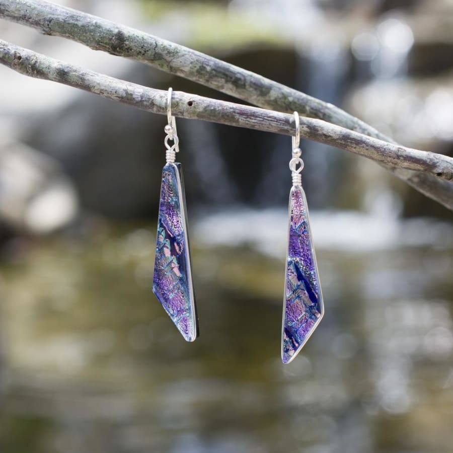 1.75 inch drop earrings.  dichroic glass in the shape of a scalene triangle. Queens Falls Earrings