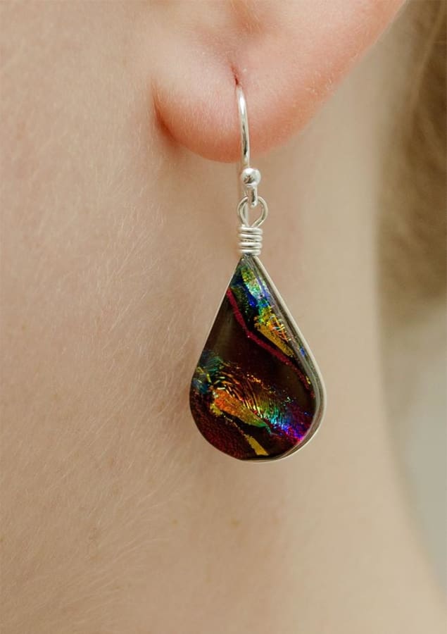 Rainbow Red Dichroic Glass has red, blue, green, and yellow with silver French hook. 