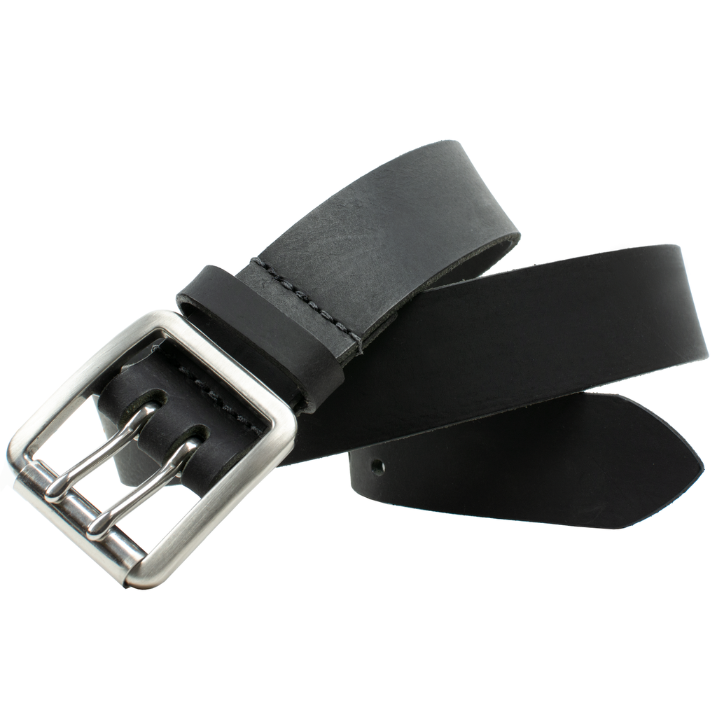 Heavy duty stainless steel roller buckle - dual prongs on full grain black leather belt.  