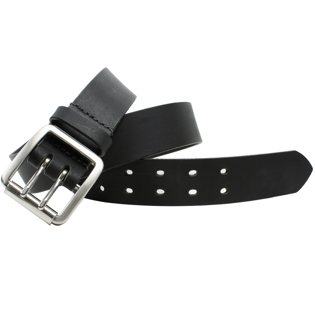 black leather belt with dual holes.  Stainless Steel dual prong roller buckle. Heavy Duty Work Belt