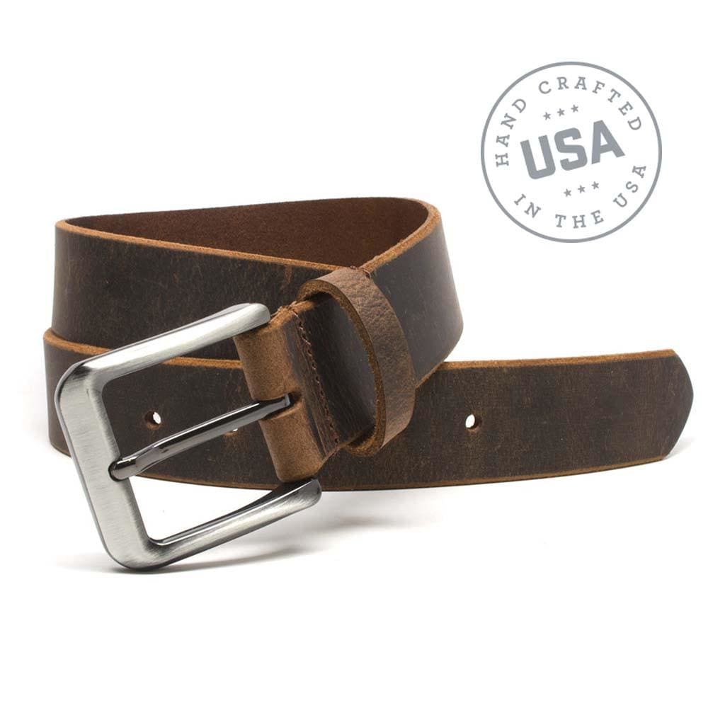 Roan Mountain Distressed Leather Belt. Handcrafted in the USA. Buckle is stitched directly to strap.
