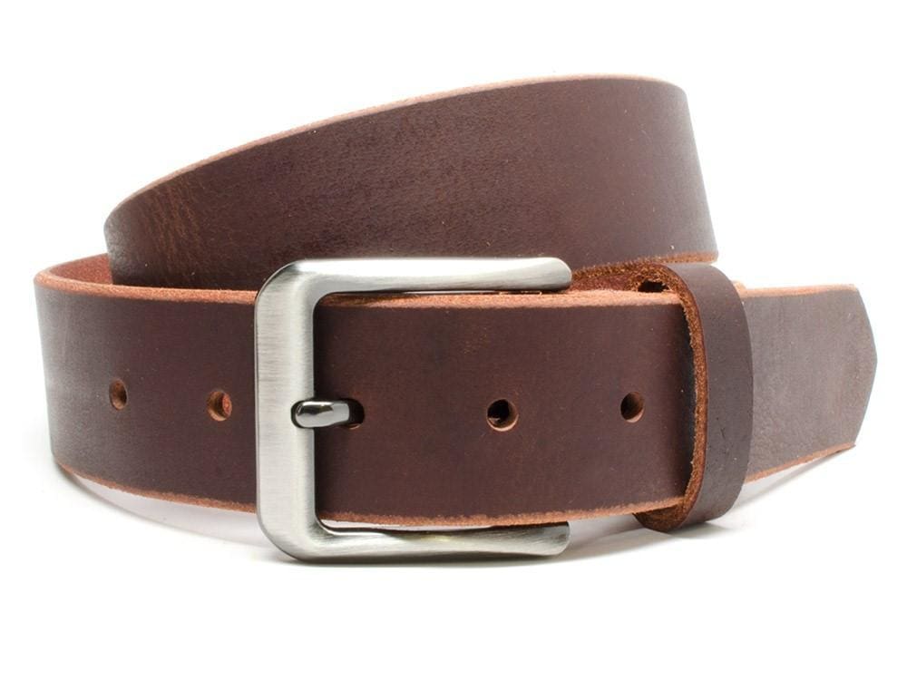 Roan Mountain Leather Belt. Nickel-free belt in classic brown color, raw edges, casual buckle