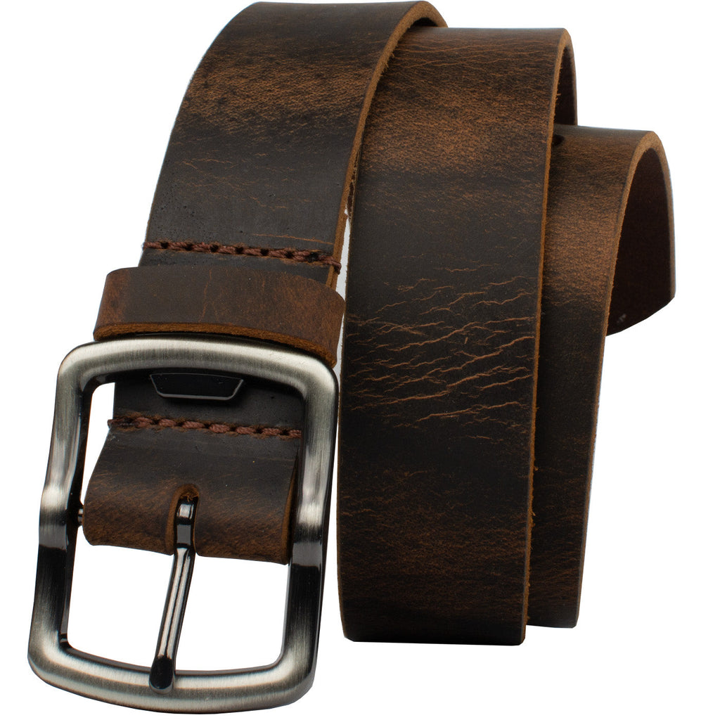 Rocky River Brown Distressed Belt by Nickel Smart. Distressed leather, buckle features bottle opener