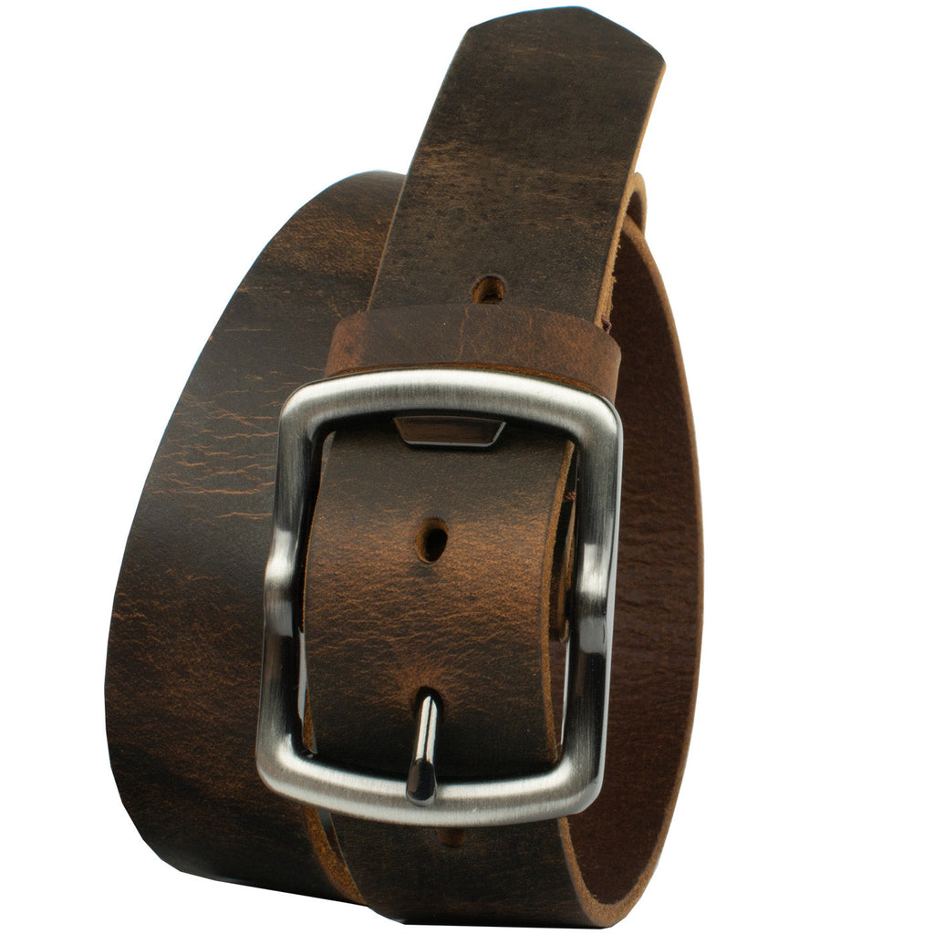 Rocky River Brown Distressed Belt. Casual, distressed leather. Gunmetal gray buckle 1.5 inches