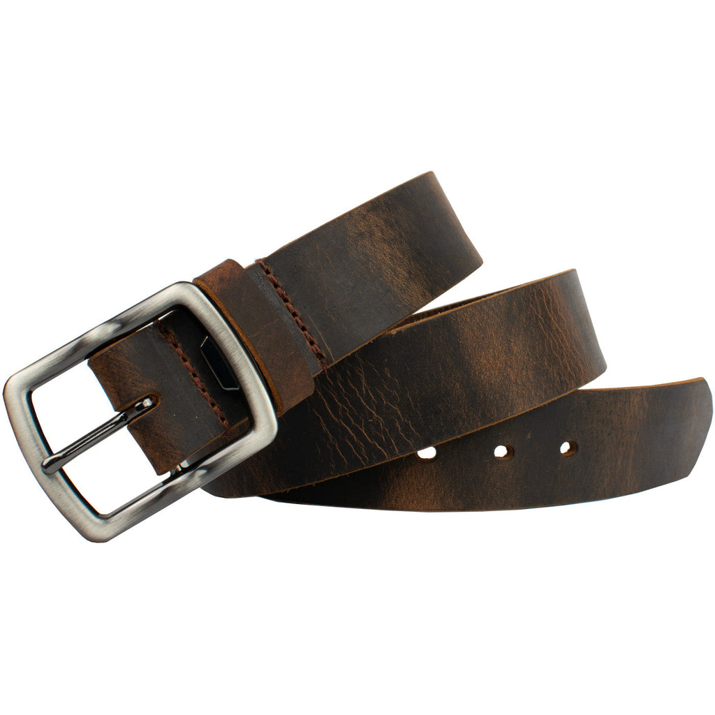 Rocky River Brown Distressed Belt. Zinc alloy rectangular buckle features bottle opener on one end