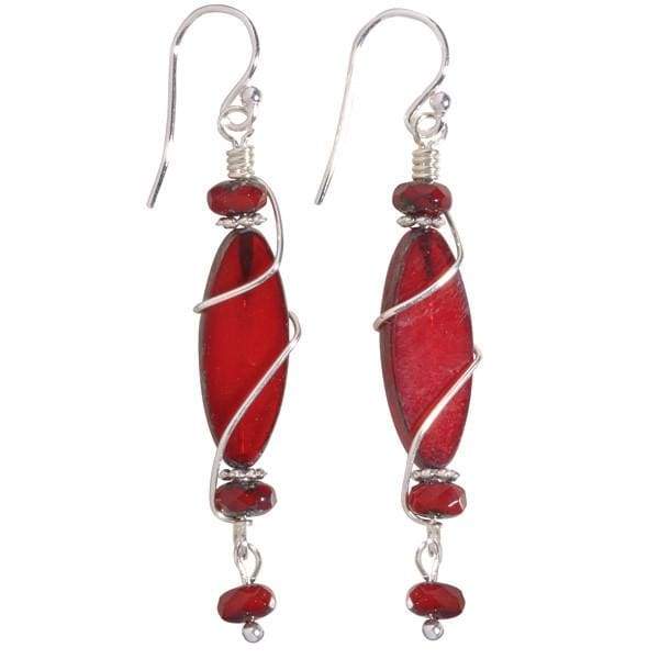 Red glass drop earrings with 3 red beads. earring is wrapped with silver. 2 inches long. 