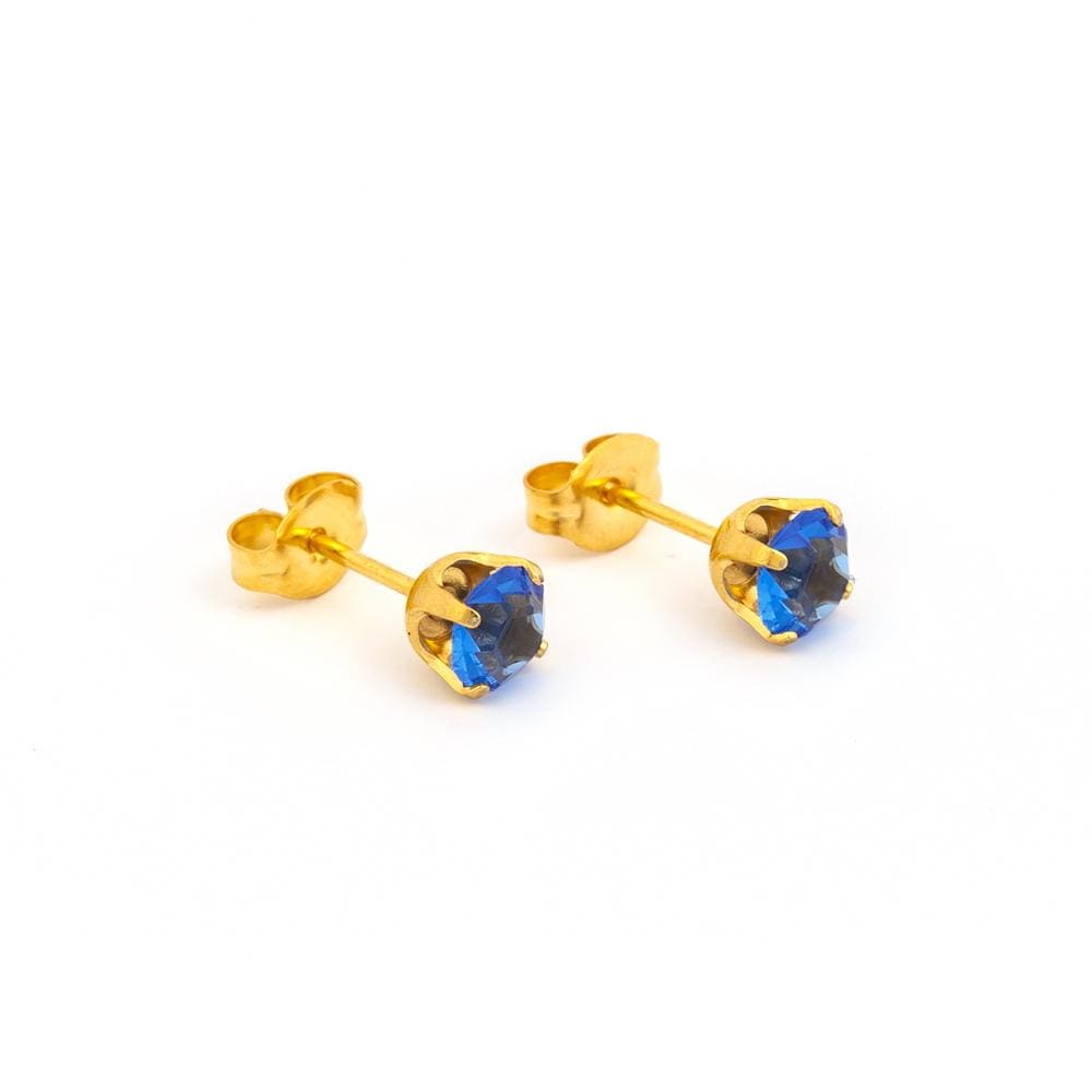 Blue manmade sapphire stone with gold plated stainless steel. 5 mm Sparkle Posts By Nickel Smart®