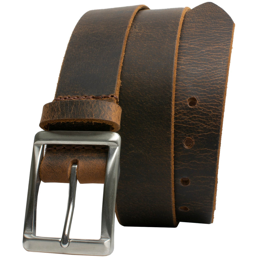 The Site Manager Distressed Brown Leather Belt by Nickel Smart® | stainless steel buckle