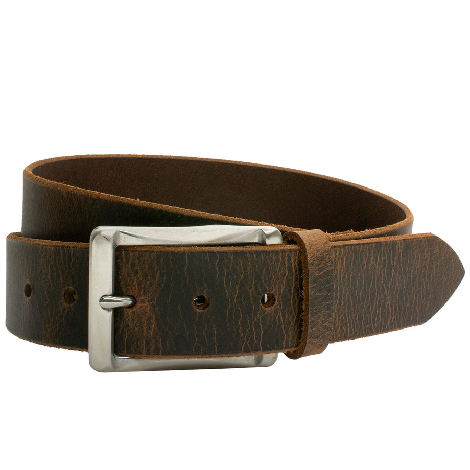 The Site Manager Distressed Brown Leather Belt | Work Belt/Heavy Duty 38 inch / Distressed Brown / Stainless Steel/Leather