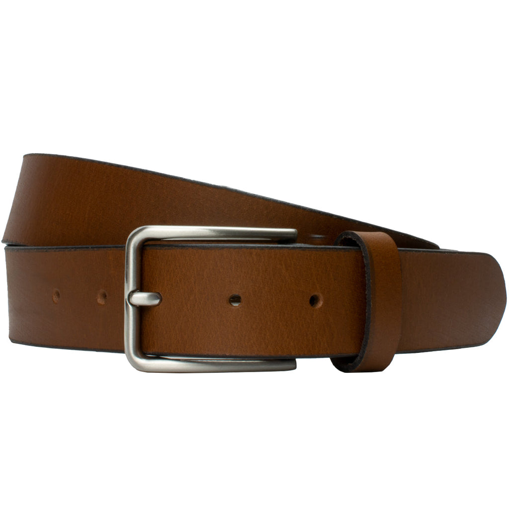 Slick City Brown Leather Belt. Sleek thin zinc alloy buckle offsets brown strap with black edges