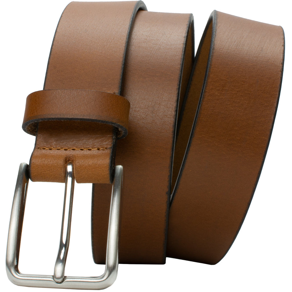 Slick City Brown Leather Belt. Thin, modern rectangular buckle with rounded corners and single pin.
