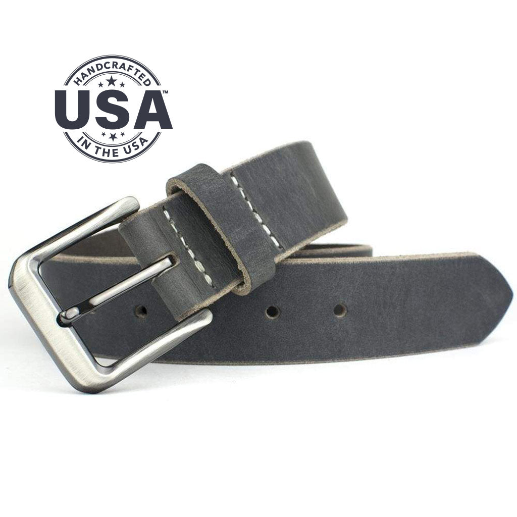 Smoky Mountain Distressed Leather Belt by Nickel Smart. Handcrafted in the USA. Gray leather strap