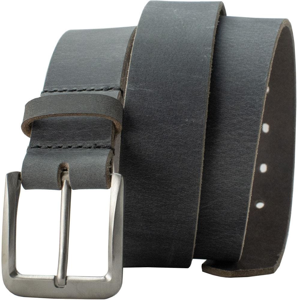 Smoky Mountain Titanium Distressed Leather Belt by Nickel Smart. Charcoal gray leather belt strap
