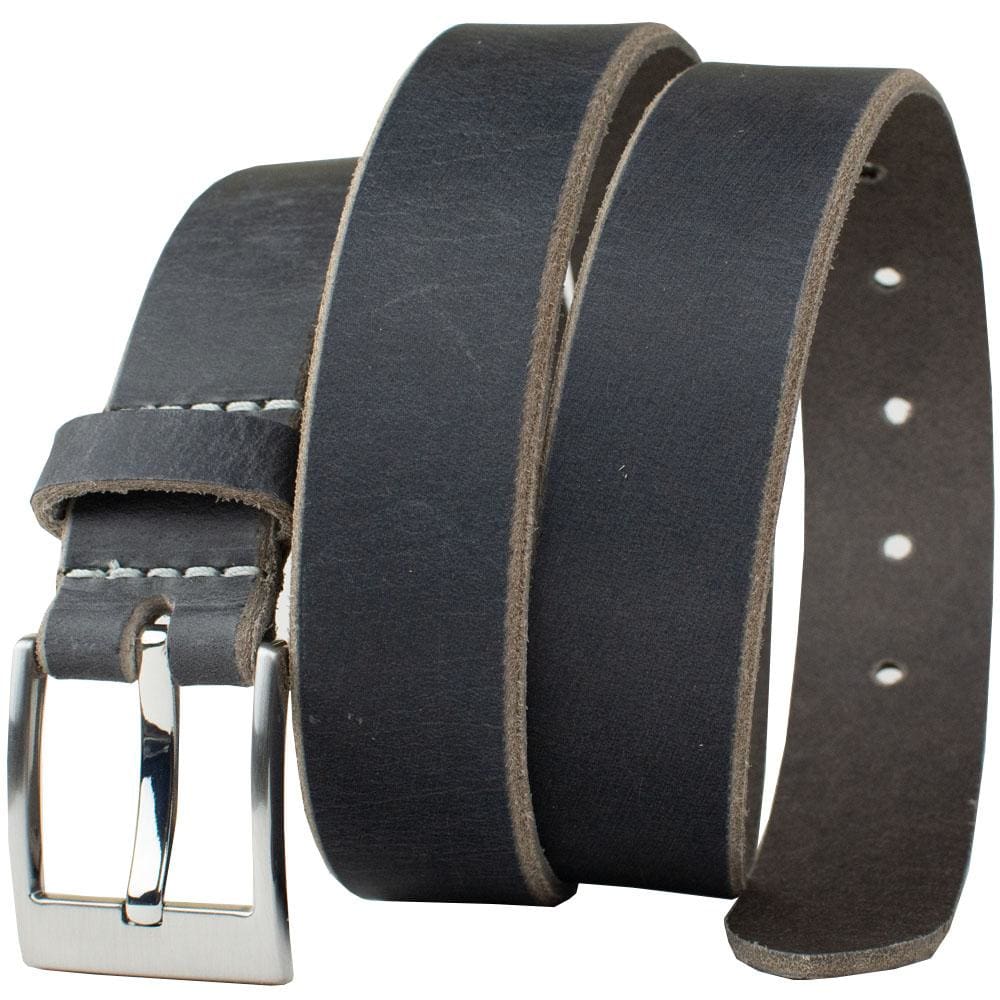 Square Wide Pin Distressed Leather Belt by Nickel Smart. Squared-off buckle with thinner gray strap