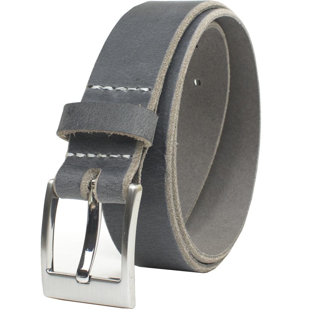 Square Wide Pin Distressed Leather Belt. Brushed zinc alloy buckle stitched on with white thread