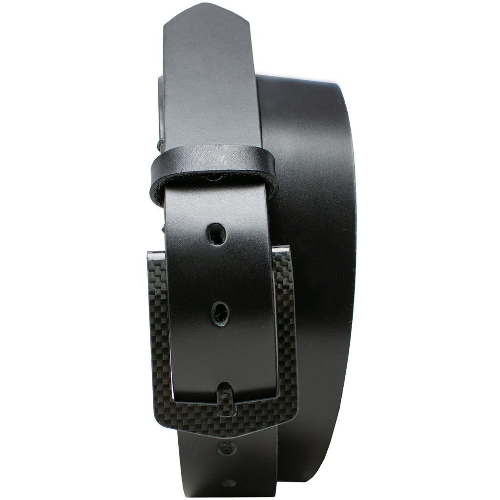 Stealth Black Leather Belt - Curved black carbon fiber buckle is TSA Friendly. USA Made, metal free