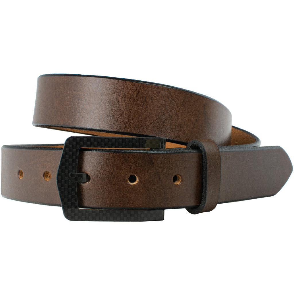 Brown leather belt with black carbon fiber buckle. Single prong. The Stealth Brown Leather Belt