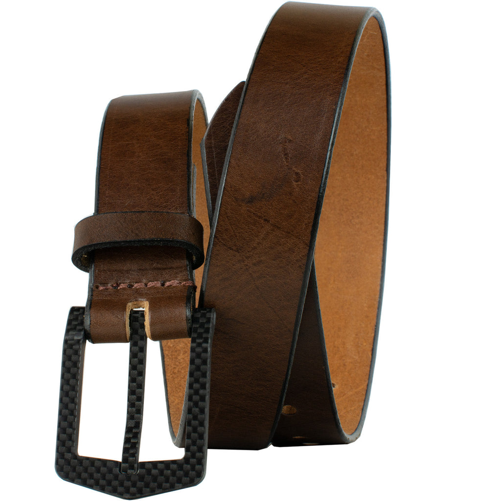 The Stealth Brown Belt By Nickel Smart. 1⅜ inches (35 mm) strap of brown top grain leather. USA made