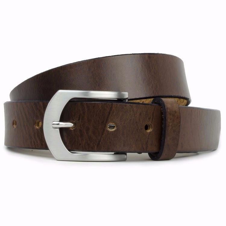 Stone Mountain Brown Belt. Arched buckle; dark brown strap with black edges for depth