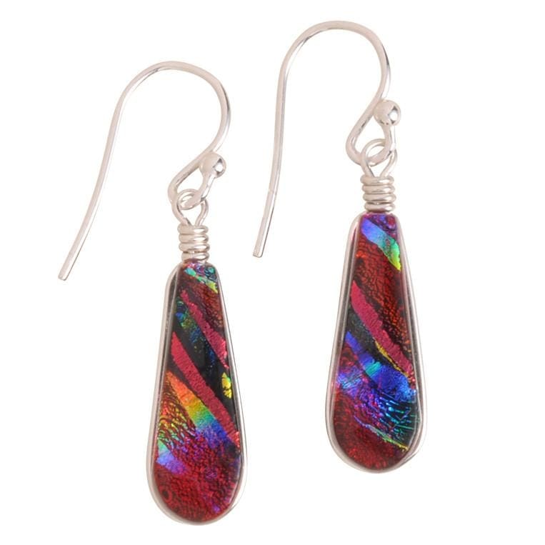 Sunburst Falls Earrings - Rainbow Red dichroic glass with silver French hook. 1 inch drop earrings