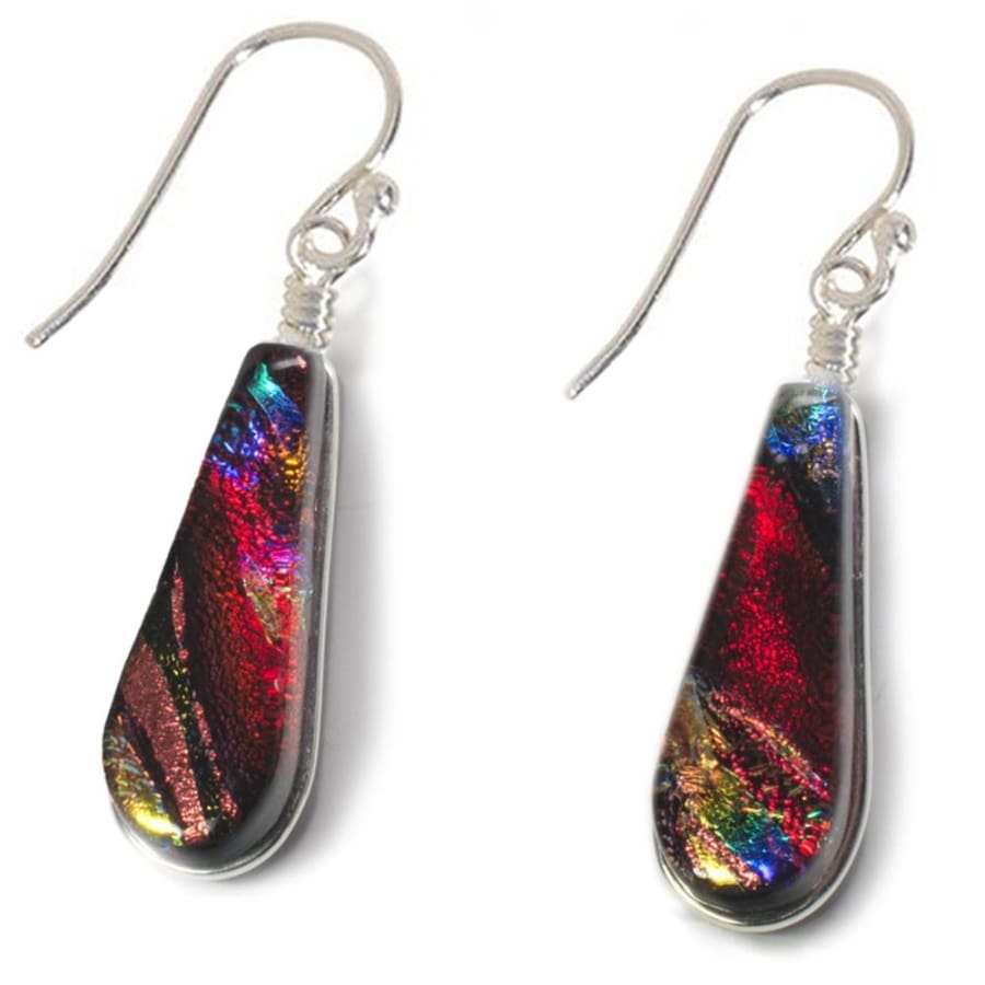  Rainbow Red Dichroic Glass Earrings - Slender 1 inch drop earring - Sunburst Falls Earrings